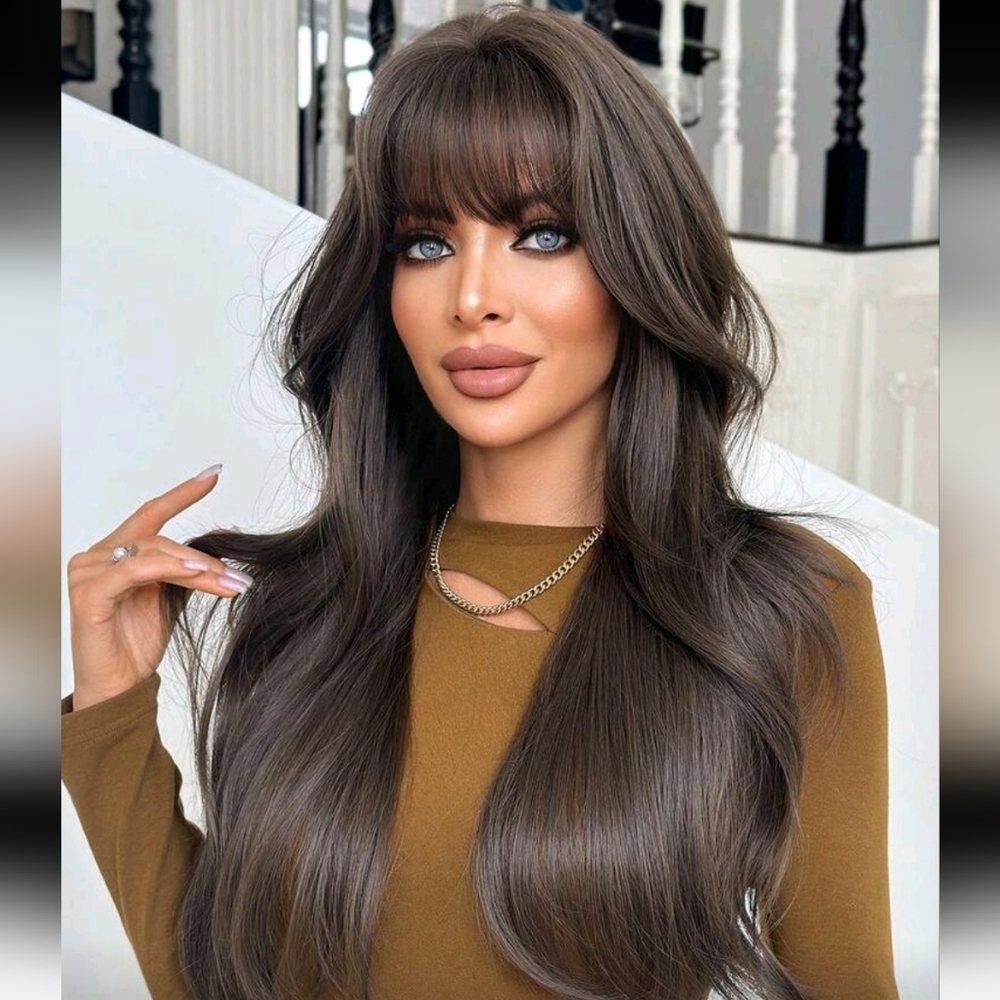 Long Layered Wig with Bangs in Rich Brown 28 Inch